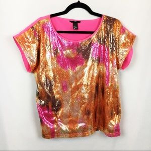 H&M Pink and Orange Sequin Short Sleeve Top